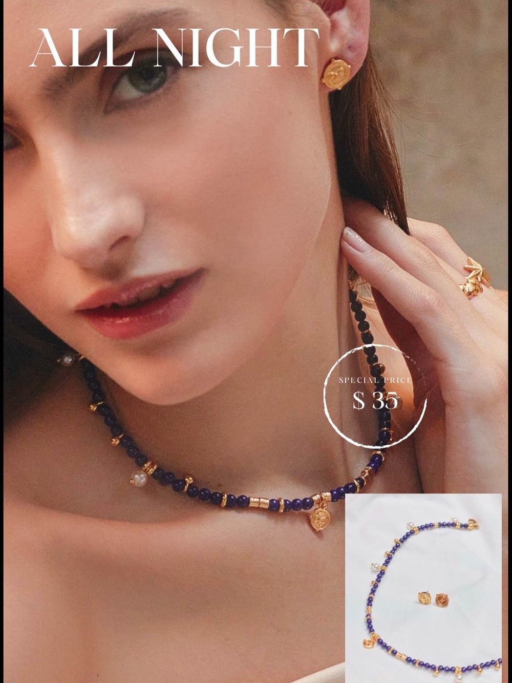 Gold and Navy Beaded Charm Necklace